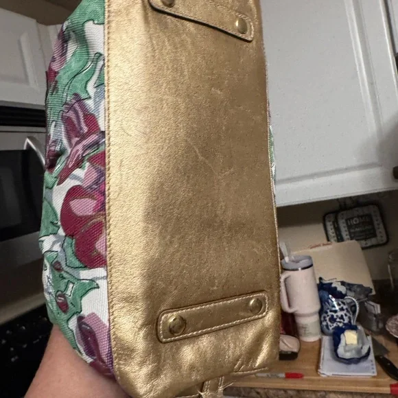 Coach Floral Canvas Satchel with Gold Leather Trim and Pink Blossoms - Picture 5 of 7